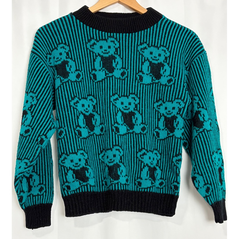 Vintage Adele Knitwear Teddy Bear Sweater Teal Black Striped USA Made Womens S/M